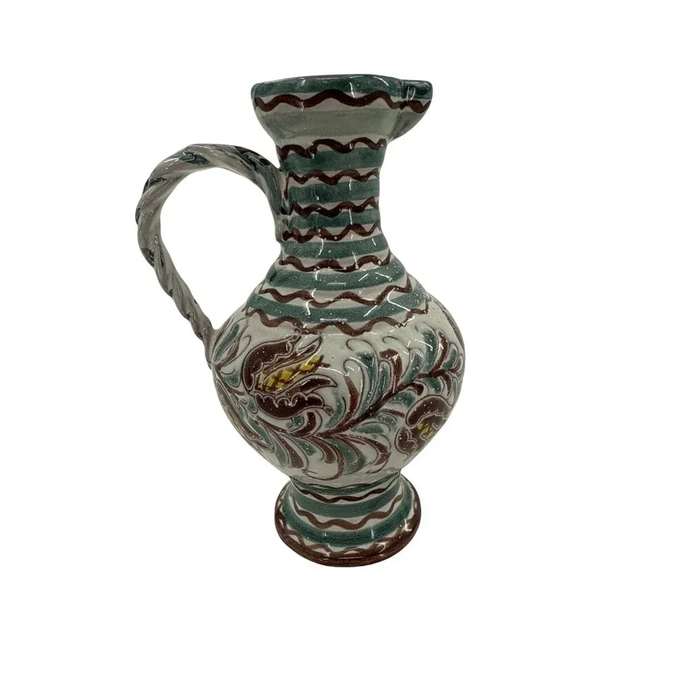 Handcrafted Ceramic Pitcher Vase Handle Swirl‎ Patterns American zone of Germany